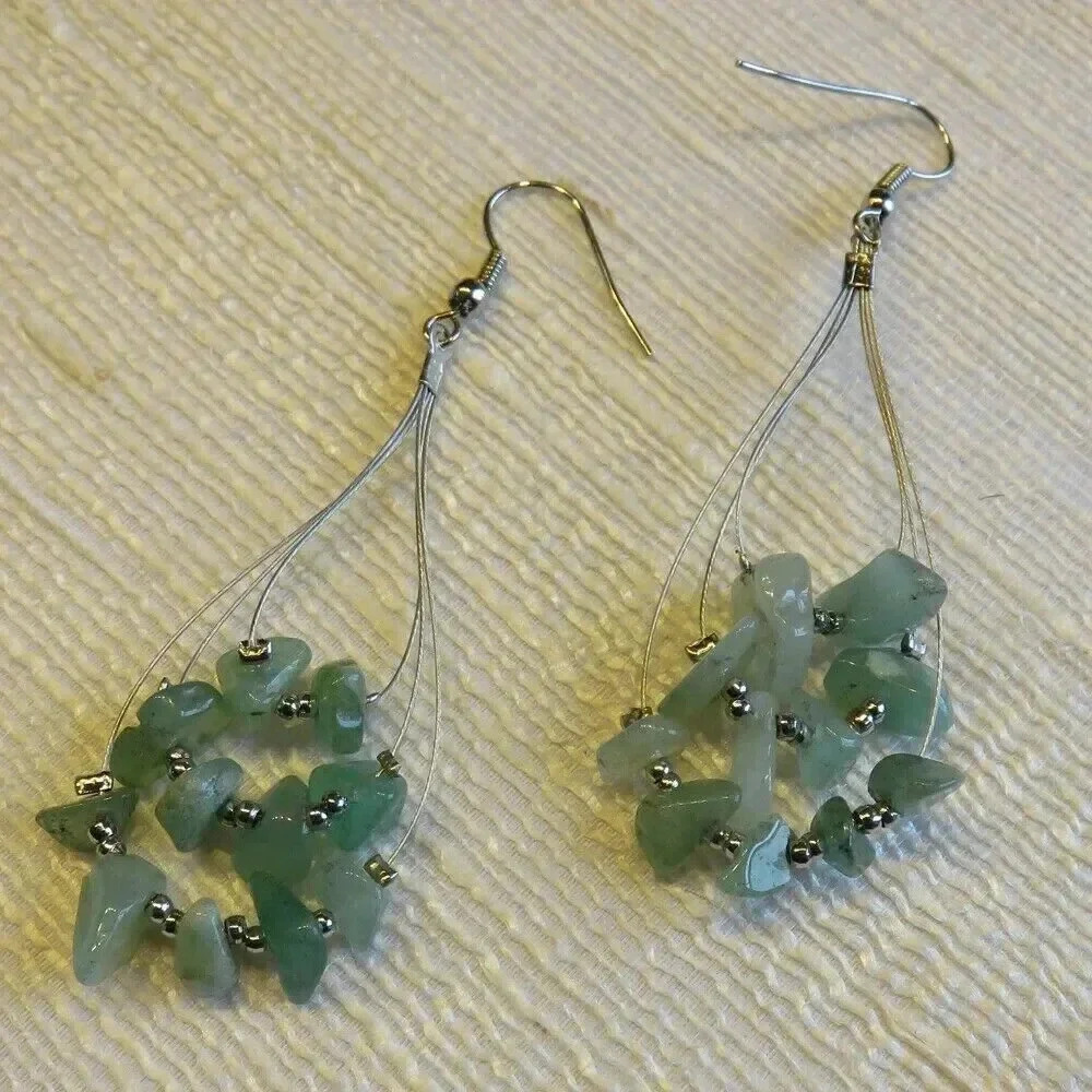 Handmade Green Aventurine Gemstone Beads Triple Teardrop Loop 70mm Long Earrings